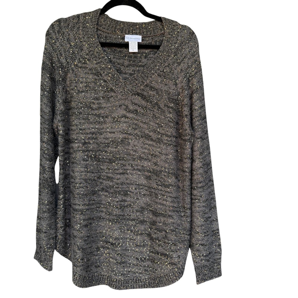 Soft Surroundings Sweater Womens XL Gray Sequin V Neck Pullover Knit Sparkle
